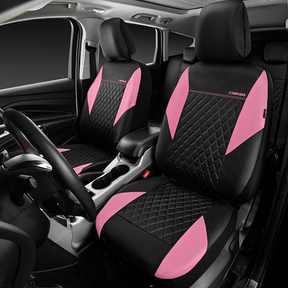 CAR PASS Pink Leather Seat Covers,Girly Quilting Pretty Cute Car Seat Cover with 5mm Composite Sponge Inside,Airbag Compatible, Universal Fit for Most Sedan,SUV,Vans(Full Set,Pink) - Image 2