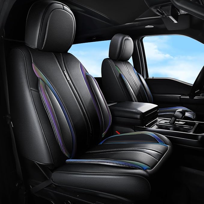 CAR PASS Nappa Leather Car Seat Covers, Durable Waterproof Luxury Universal for SUV Pick-up Truck Sedan, Anti-Slip Driver 5 Seats Covers Full Set with Backrest (Black Chameleon Iridescent Reflective) - Image 8