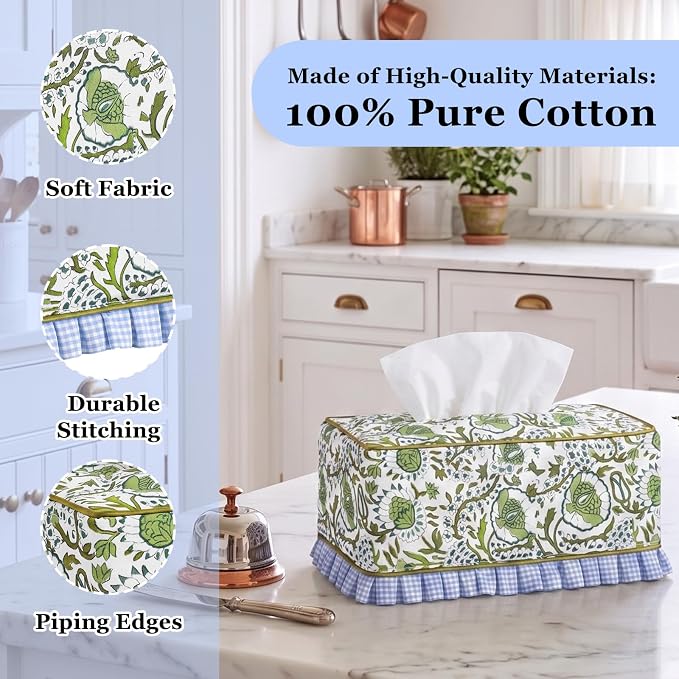 Block Print Fabric Tissue Box Cover, Floral Cluster, Bean Green | Rectangular Ruffle Sleeve, Decorative Holder for Bathroom Vanity Car, Napkin Dispenser Grand Millennial Boho Decor Home - Image 3