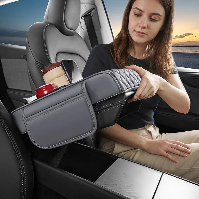 5 in 1 Nappa Leather Console Armrest Cover, Gray | Built-in cup holder, tissue slot, phone holder & 2 storage pockets, practical car accessories fit SUV sedan truck - Image 8