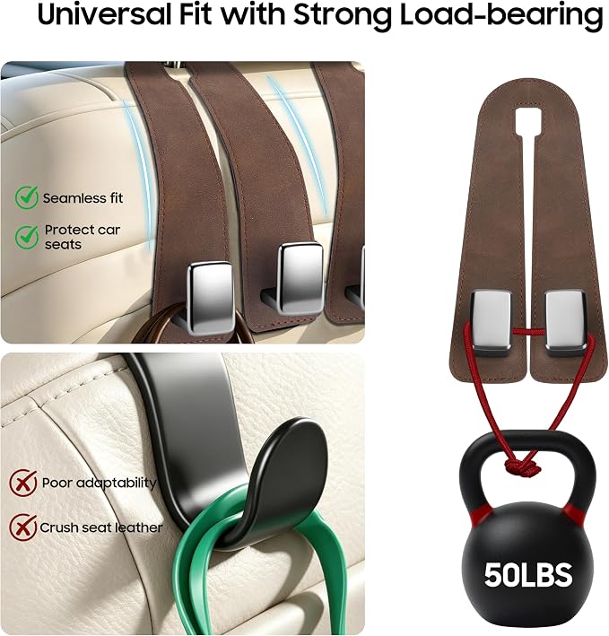 Amooca Car Headrest Hooks 2-Pack Suede Seat Organizer with Metal Core | Universal Fit, Double-hook Design, Backseat Storage for Backpack Umbrella Water Bottle Coat Purses Handbags Groceries, Brown - Image 5