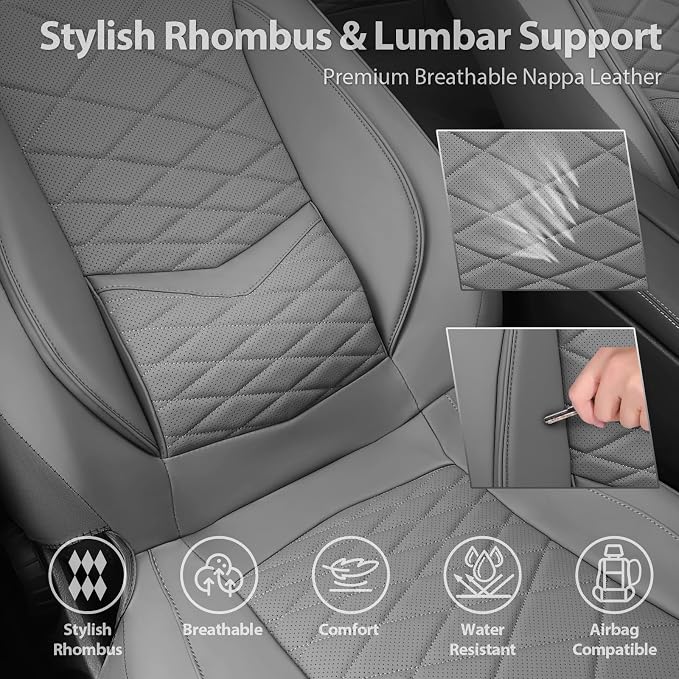 CAR PASS Luxury Nappa Leather Seat Covers Full Set, Water Resistant Faux Leather Seat Cover with Lumbar Support, Breathable Automotive Seat Covers Universal Fit for Sedan SUV Van Truck, Pure Gray - Image 5