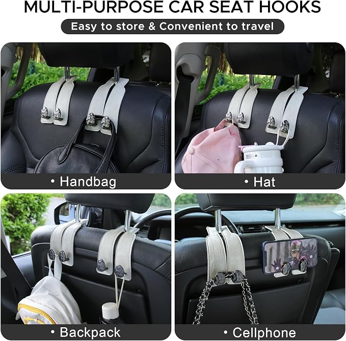 Leather Car Purse Hook for Headrest, 2 Pack (White-Black) | Twin Hooks Headrest Hangers, 2/4 Pack, No-Slip, Scratch-Proof, Holds Purses, Backpacks, Grocery Bags, Car Organizer Gift - Image 7