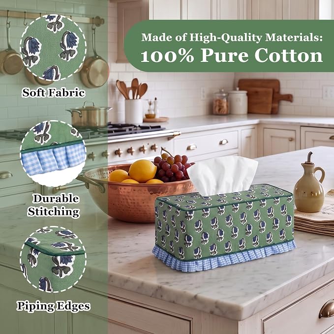 Block Print Fabric Tissue Box Cover, Flower Buds, Sage Green | Rectangular Ruffle Sleeve, Decorative Holder for Bathroom Vanity Car, Napkin Dispenser Grand Millennial Boho Decor Home - Image 3
