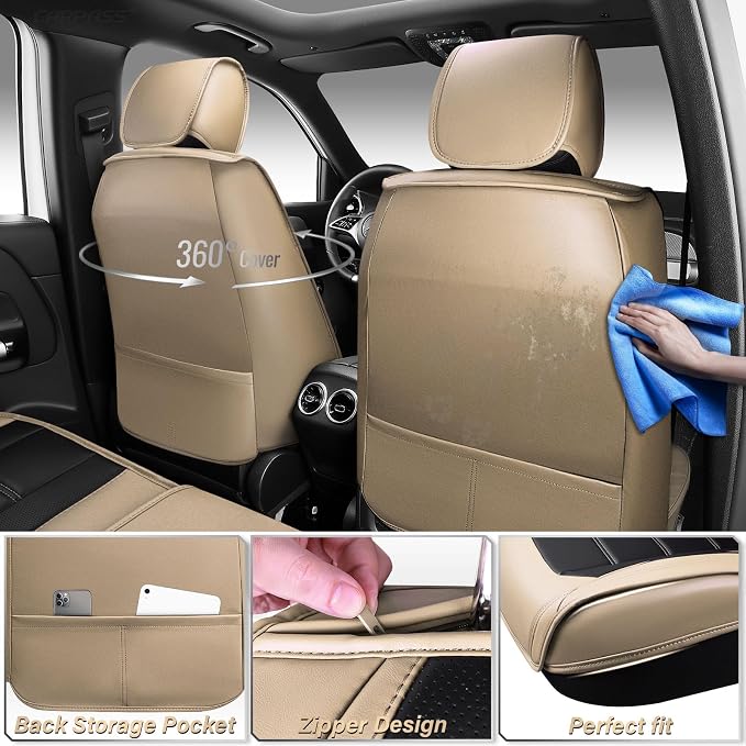 CAR PASS Nappa Leather Car Seat Covers Full Set Faux Leather, Black Beige | Luxury Nappa Leather,360° Full Protection,Water resistant,3D Foam Comfort,Universal Fit for Most Cars SUV Truck,Scratch proof - Image 2