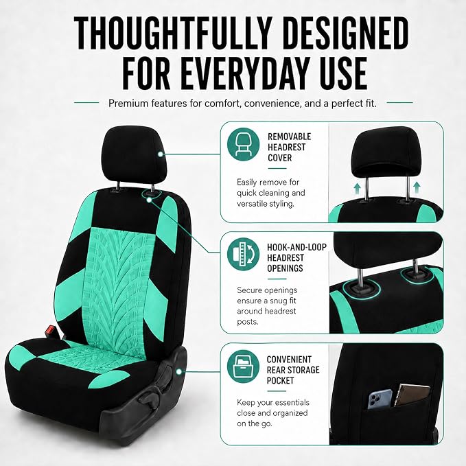 FH Group Full Set Premium Cloth Car Seat Covers - Universal Fit, Low Back Front Seat Covers, Airbag Compatible, Split Bench Rear Seat, Washable Seat Cover for SUV, Sedan, Mint - Image 5