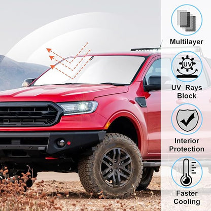 Windshield Sun Shade Sunshade for 2019-2025 2026 Ford Ranger | Full covered for windshield, Foldable & Durable, Block UV Rays, Reduce Heat, Easy to install, Keeps Car Cooler - Image 2