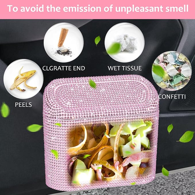 Accmor Bling Car Trash Can with Lid, Leak-Proof Mini Vehicle Trash Bin Automotive Dustbin Organizer Storage, Sparkling Crystal Trash Bag Container with 30pcs Garbage Bags for Car, Home, Office (Pink) - Image 6