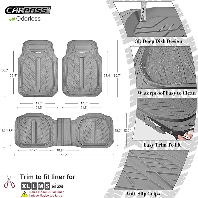 CAR PASS Deep Dish Rubber Floor Mats for Cars Full Set,Heavy Duty Car Mats,Universal Waterproof Trim-to Fit Automotive Floor Mats for Truck Van SUV, Durable All-Weather Car Mats 3-Piece (Light Gray) - Image 2
