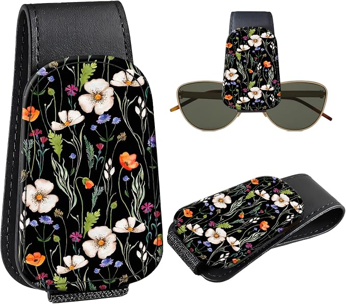 Leather Magnetic Sunglass Holder for Car Sun Visor, Cute Eyeglass Ticket Card Hanger Clip, Universal Auto Interior Accessories for SUV Pickup Truck, Wildflower Night by Unknown
