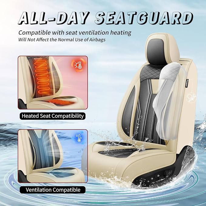 Fit FJ Cruiser Premium Leather Car Seat Covers for Toyota FJ Cruiser 2007-2013 2014 - Waterproof，Breathable，All-Weather Seat Cushion Protecto & Airbag Compatible, 2 Front Seat Beige&Black - Image 4