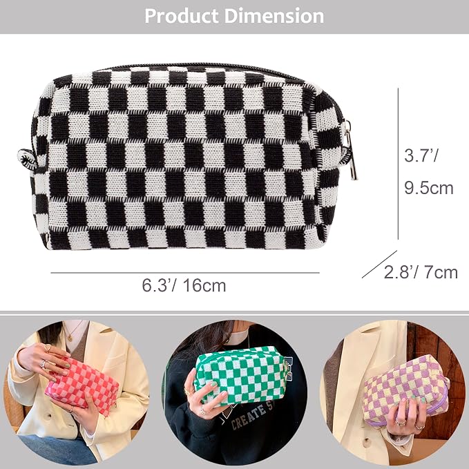 PAZIMIIK Checkered Makeup Bag for Purse Portable Zipper Make Up Pouch Small Cosmetic Case for Travel Accessories (Black) | Cute Zipper Makeup Organizer for Women, Travel Essentials, Toiletries, Makeup Brushes, Beauty Accessories&Bridesmaid Gifts - Image 3