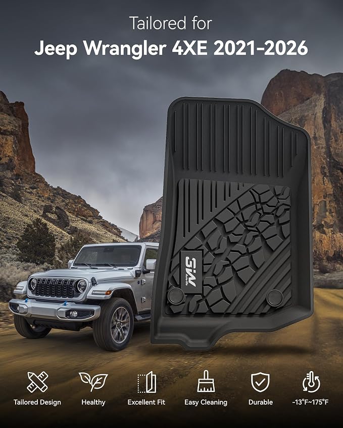 3W Floor Mats & Cargo Liner & Backrest Mats Jeep Wrangler 4XE 2021-2026 | (Non JL/JK) All Weather TPE Rubber Heavy Duty Wrangler 4XE Accessories (Hybrid & 4 Door with Subwoofer) - Image 2