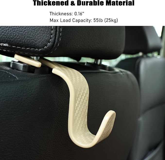 Car Seat Hooks 4 Pack - 55lb Heavy Duty Headrest Hanger, Beige | Universal fit for most cars SUVs,Hang purses handbags coats umbrellas grocery bags,ABS plastic,Easy Installation - Image 4