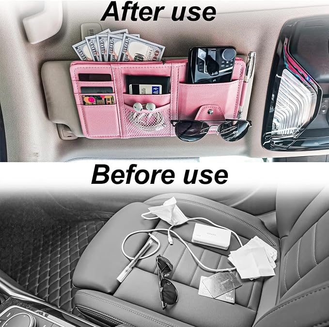 Keedolla 2 Pack Car Sun Visor Pocket Organizer, Auto Interior Accessories Car Truck Visor Organizer Storage Pouch Case Bag for Cards, Pens and Documents - Pink - Image 8