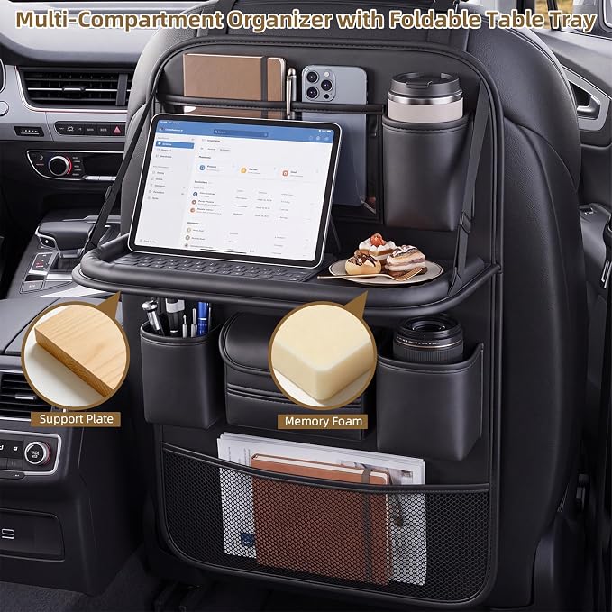 Car Backseat Organizer with Kick Mat & Foldable Tray, 2-Pack | Touchscreen Tablet Holder, Water Resistant PU Leather, Seat Back Protector with Storage Pockets, Road Trip Travel Accessories - Image 6