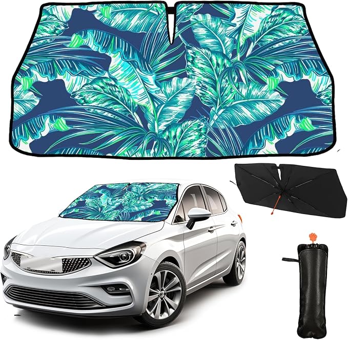 CHILL·TEK Funny Car Windshield Sun Shade Umbrella, Monstera Leaf Car Sun Shade Umbrella, Block UV Rays Heat Foldable Windshield Umbrella Sun Visor Protector - Keep Vehicle Cool for Cars SUV by CHILL%C2%B7TEK