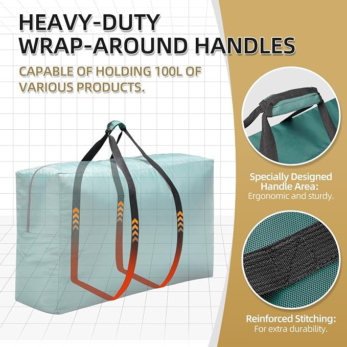Extra Large travel duffel bag with Strong Handles, 100L Waterproof duffel bag, Durable Zippers, Extra Large Storage Totes for Camping, Space Saving and Moving Supplies, Green - Image 3