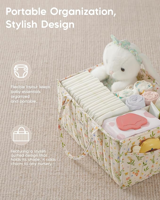 Maliton Diaper Caddy Organizer with 2 Side Pockets, Portable, Spring Floral | with Handle and Removable Dividers, Nursery Storage Basket, Car Organizer for Diapers & Wipes. Boy & Girl Shower Gift - Image 5