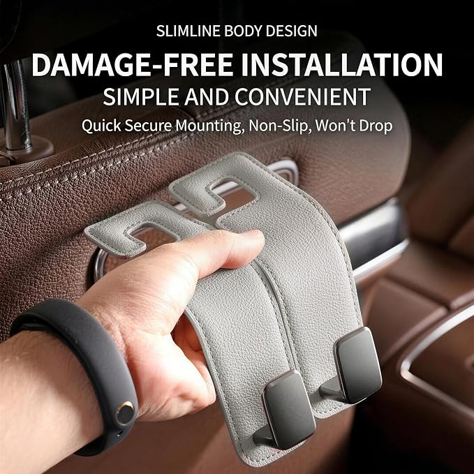 Car Headrest Hook,Premium Leather Back Seat Hanger for Purse & Bags | Solid 40lb metal core,360-degree silent rotation,space-saving hidden folding,durable dual support (2, Grey) - Image 5