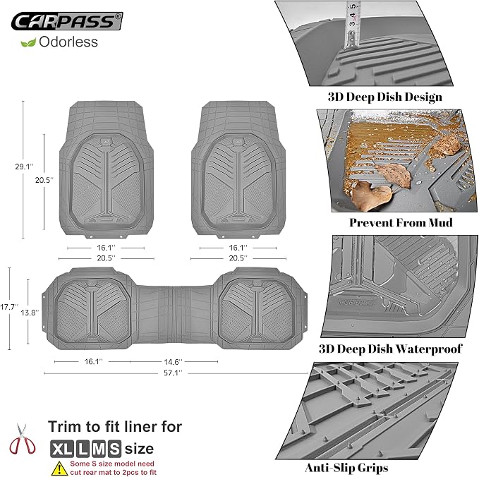 CAR PASS Heavy Duty Rubber Car Mats, Deepdish All Weather Floor Mats for Car Full Set, Universal Automotive Mats Trim to Fit for Sedans SUVs Trucks, Waterproof Anti-Slip Deep Tray 3 Pieces Light Gray - Image 4
