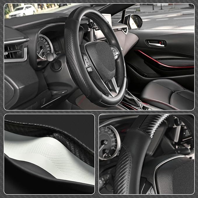 SEG Direct Steering Wheel Cover 14"-14.25" Heavy-Duty Black Carbon Pattern | For Model 3 / Y Prius Civic Camaro Rogue, Non-Folding Packaging, Heavy Duty, Microfiber Leather, Auto Interior Accessories - Image 3