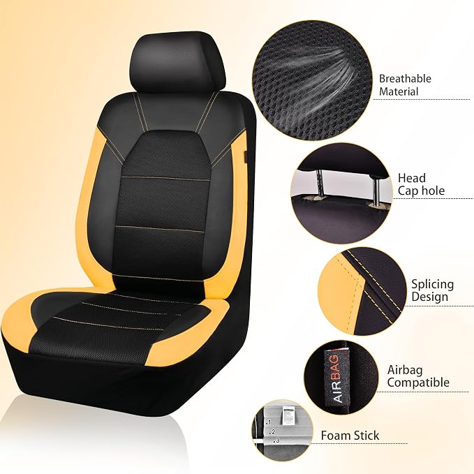 CAR PASS Leather Seat Covers, Breathable Universal Car Seat Cover Full Set for Cute Women Girly,5mm Composite Sponge Inside,Airbag Compatible Fits Most Auto,SUVs,Trucks,Vans(Full Set,Black&Yellow) - Image 3