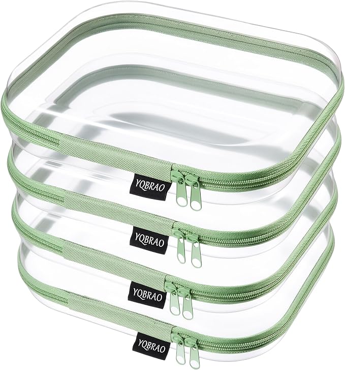 YQBRAO Clear Hard Shell Zipper Cases, 4 Medium Makeup Organizers, Green | Rigid 1.2 mm PET and YKK dual zippers for skincare, toiletries, chargers, notebooks and daily essentials by Unknown