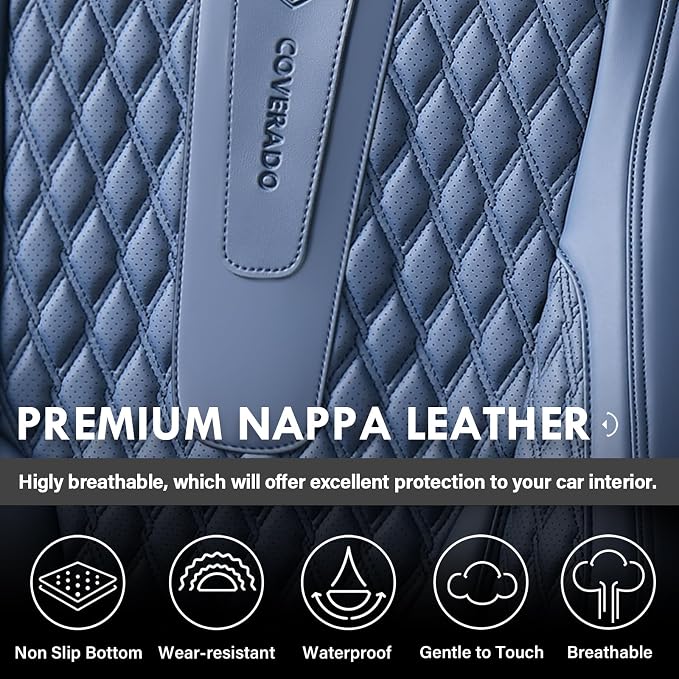 Coverado Front Seat Covers, Car Seat Covers Front Seats, Nappa Leather Seat Covers for Cars, Waterproof Seat Covers with Lumbar Support Universal Fit for Most Cars SUV Trucks (Front, Blue) - Image 4