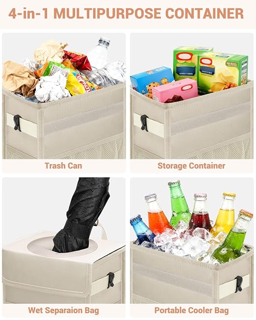 Capolo Car Trash Can with Lid, Leakproof Car Garbage Can Car Trash Bag | Waterproof, Trash Can for Car, 3 Mesh Pockets, Mini Hanging Vehicle Car Trash Bin, for Back/Front Seat (Beige,4 Gal) - Image 5