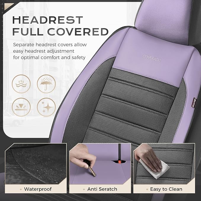 Coverado Car Seat Covers Full Set, Luxury Leather Car Seat Covers, Automotive Front and Rear Mesh Seat Covers, Full Set 5 Seats, Purple&Black Seat Covers for SUV Sedan Truck - Image 5