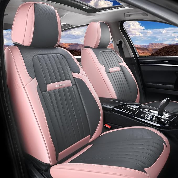 Coverado Car Seat Covers Front, Seat Covers for Cars, Waterproof 2-Pack Car Seat Cushions, Leather Carseat Seat Protectors, Universal Seat Covers Fit for Most Sedans SUV Pick-up Trucks(Pink&Grey) by COVERADOAUTO