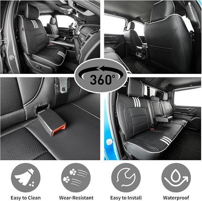 EKR Ram 1500 Seat Covers Custom Fit for (Crew Cab) RAM 1500 Tradesman 2019-2025 & Express 2026,Waterproof Leather Black Car Seat Cover for Trucks Full Set-Faux Leather(Black with White Piping) - Image 4
