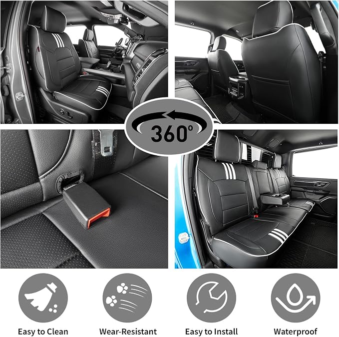 EKR Ram 1500 Seat Covers Custom Fit for (Crew Cab) RAM 1500 Laramie/Limited/Longhorn/Rebel 2019-2026 &Big Horn 2026,Waterproof Car Seat Cover for Trucks Full Set-Faux Leather(Black with White Piping) - Image 4