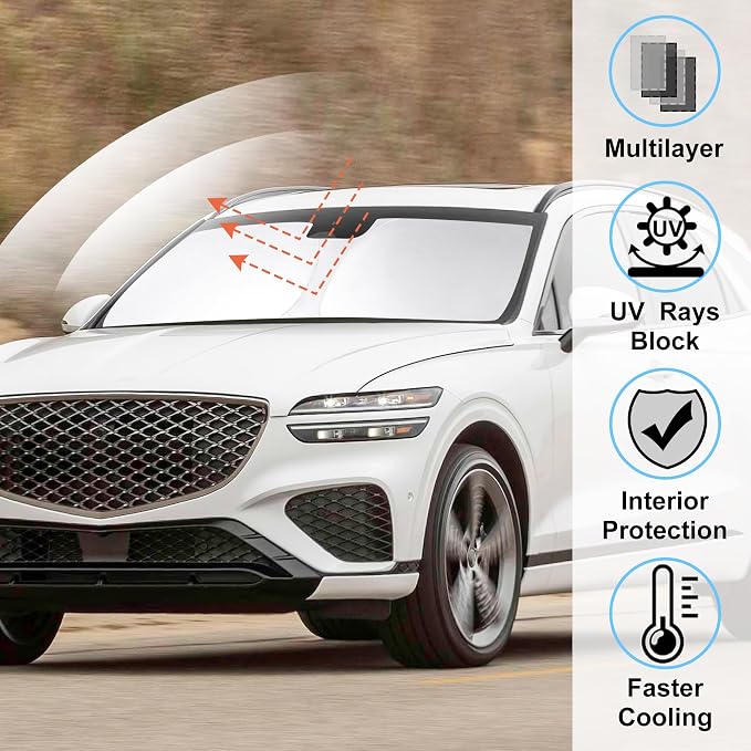 Windshield Sun Shade for 2022-2026 Genesis GV70 Accessories | Full covered for windshield, Foldable & Durable, Block UV Rays, Reduce Heat, Easy to install, Keep Car Cooler - Image 2