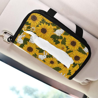 Car Tissue Holder Car Napkin Holder Car Tissue Box Dispenser Storage Case Sun Visor Mask Holder with Adjustable Straps Reusable Refillable Autumn Sunflower and Cute Rabbit - Image 6