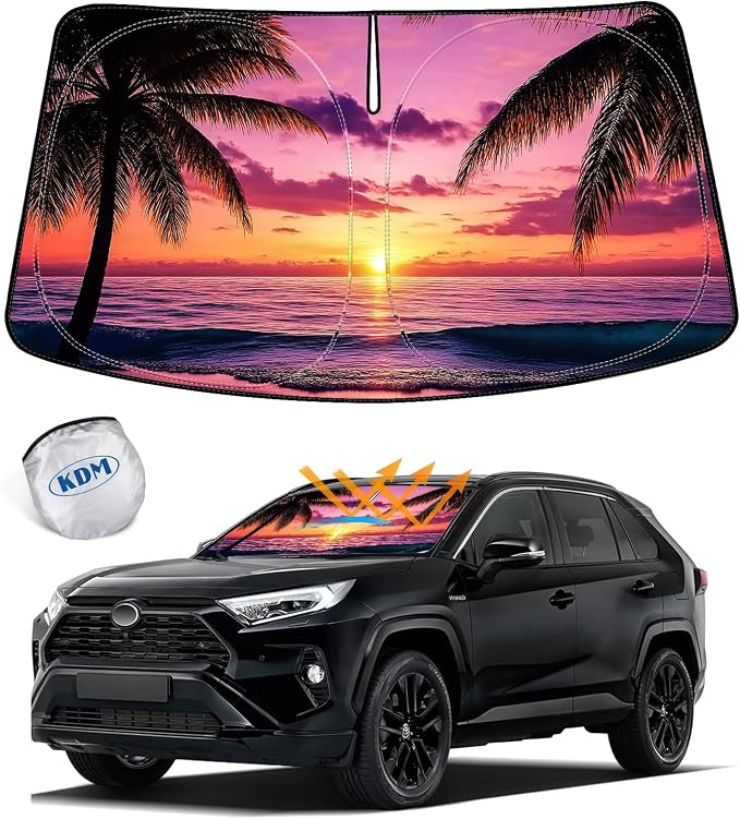 KDM Sunset Beach Style Windshield Sun Shade for Toyo-ta Rav4 2019-2025 | 2020 2021 2022 2023 2024 Rav4.Foldable Front Reflective Windows Sunshade Visor Protector Blocks UV Rays Heat by KDM