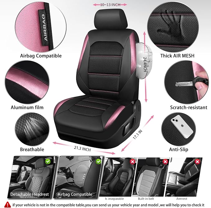 CAR PASS Memory 3D Foam Car Seat Covers Full Set, Breathable Mesh Thick Seat Covers for Car, Pink Metal Film Leather Seat Covers, Universal Automotive Comfort for SUVs Trucks, Black Pink - Image 5