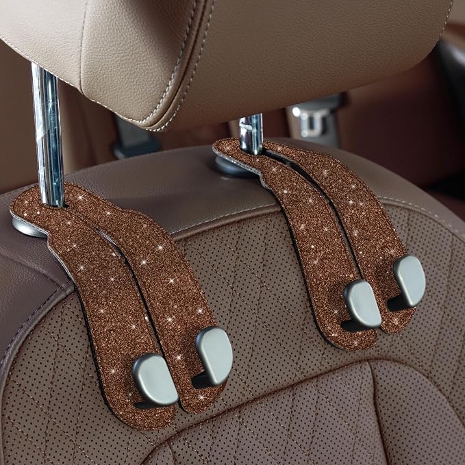 CoBak Purse Hook for Car - Universal Premium Stitched Leather and Aluminum-Magnesium Alloy Double Car Seat Back Storage Hook for Purses, Handbags, Bags (2 Pack),Brown Glitter by PopulartabletcasebrandWegivepeoplethebestdesignofprotectingvariouselectronicdevices