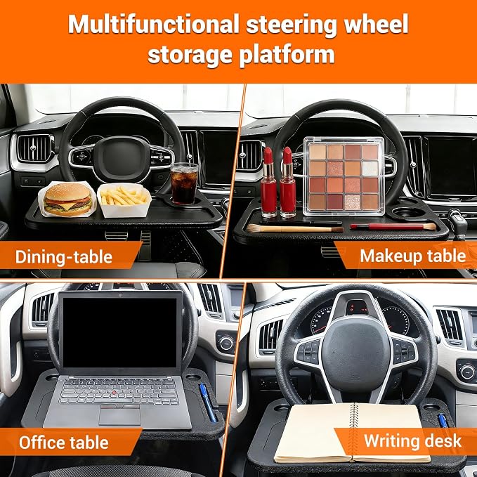 Steering Wheel Car Desk, Multipurpose Portable Vehicle Tray Table for Laptops, Meals & Work, Universal Road Trip Food Stand, Black - Image 2