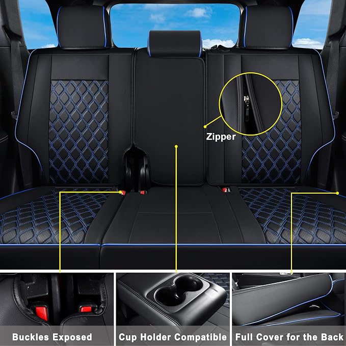 Huidasource Upgrade Grand Cherokee Seat Covers, Full Coverage Waterproof Leather Car Seat Covers, Custom Seat Cushion Protector Fit for Grand Cherokee 2011-2021 (Full Set/Black&Blue) - Image 3