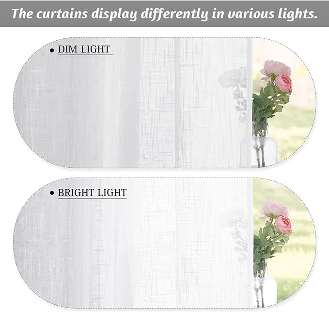 RYB HOME White Semi Sheer Curtains 54 inches Long for Living Room | Light Filtering, Privacy Protection, Linen Textured, for Bathroom Office Study Room, White, W42 x L54, 2 Panels - Image 3