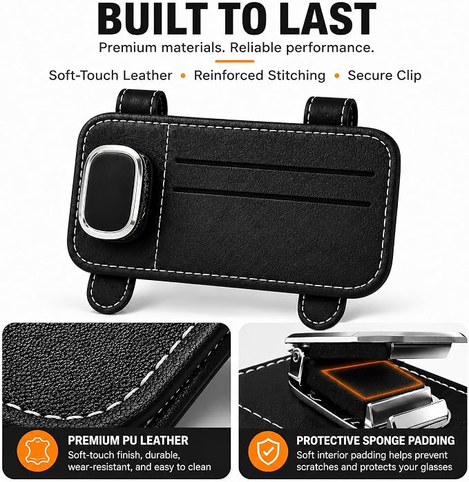 Car Visor Glasses Clip - PU Leather Card Holder,Double Clips | Slim Profile,Quick Access,Secure Hold,Vehicle Sunglasses Storage,Parking Pass,ID Card,Cash & Receipt Organizer - Image 3