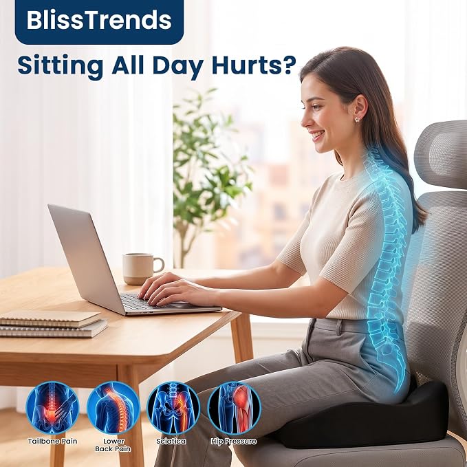 BlissTrends Memory Foam Seat Cushion for Office Chair & Car Seat, Black | Ergonomic Tailbone & Sciatica Support with Removable Velvet Cover for Pressure Relief and Long Sitting Comfort, 3.3" Thick - Image 5