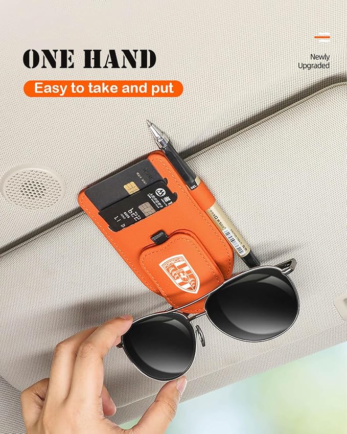 Sunglasses Clip for Car Visor, Magnetic Leather Eyeglass Holder | Sunglasses Holder With Ticket Card Clip for Car Visor Accessories (Orange) - Image 2