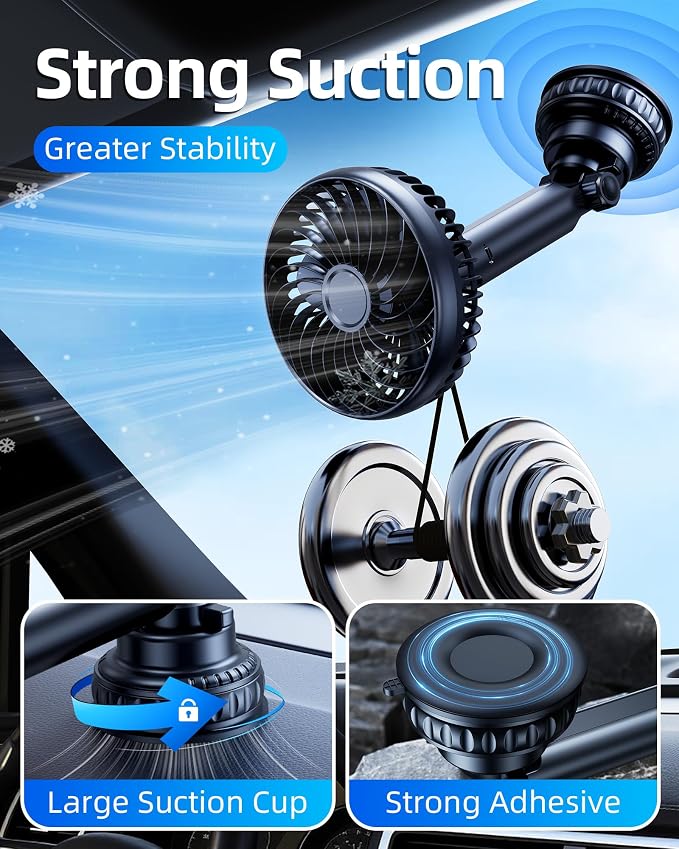 5000mAh Battery Fan for Car Windshield Sunroof Dashboard Headrest | 360° Rotatable 3 Speed Winds Car Window Fan with 2 Detachable Bases for SUV Van RV Pickup Truck Golf cart Camping Kitchen - Image 4