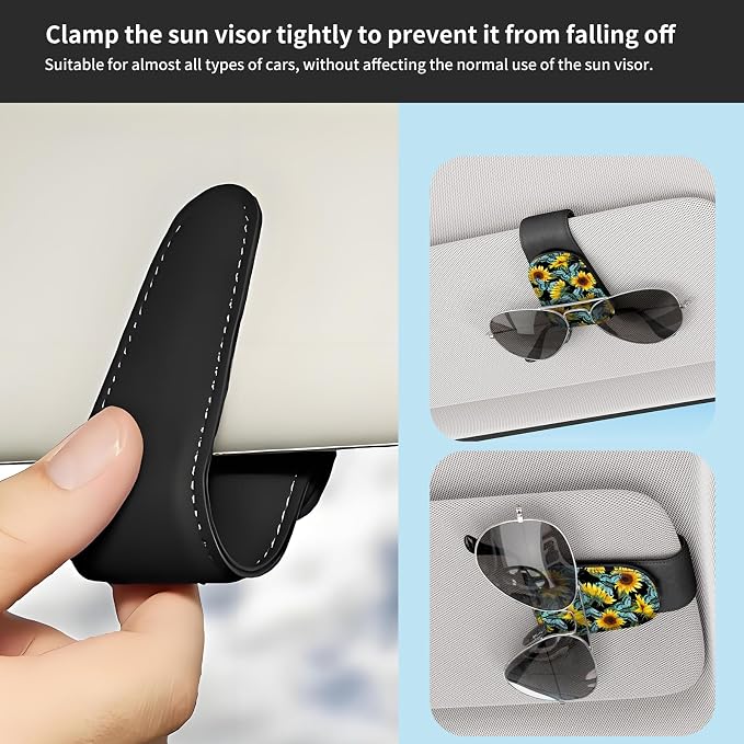 Sunglasses Holder for Car Visor, PU Leather Glasses Clip Organizer, Cute Magnetic Eyeglass Holder for Vehicle Sun Visor, Car Interior Accessory for Women & Men Sunflower Butterfly Field - Image 5