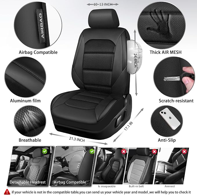 CAR PASS Memory Foam Car Seat Covers,Air Cool Mesh Thick Seat Covers Front Seats,Black Metal Film Leather Seat Cover for Car,Universal Automotive Comfort for Most Car,Truck,Airbag Compatible,All Black - Image 4