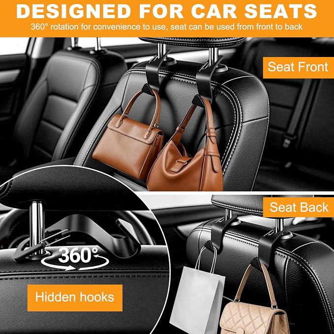 Car Seat Headrest Hook for Purses Bags Groceries, 4 Pack Black | Holds 50lbs 360° Rotating, Vehicle Storage Organizer, Universal Car Interior Accessories, Road Trip Essentials - Image 6