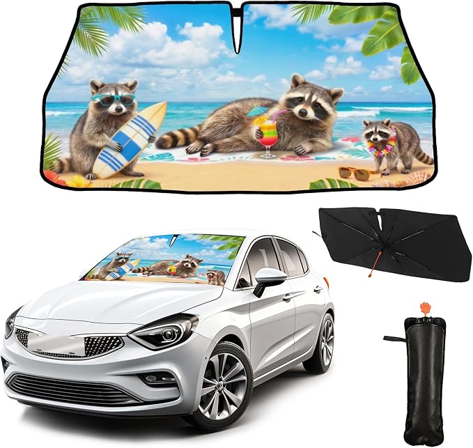CHILL·TEK Funny Raccoon Car Windshield Sun Shade Umbrella Hawaiian Raccoon Car Sun Shade Umbrella Block UV Rays Heat Foldable Windshield Umbrella Sun Visor Protector - Keep Vehicle Cool for Cars SUV by CHILL%C2%B7TEK